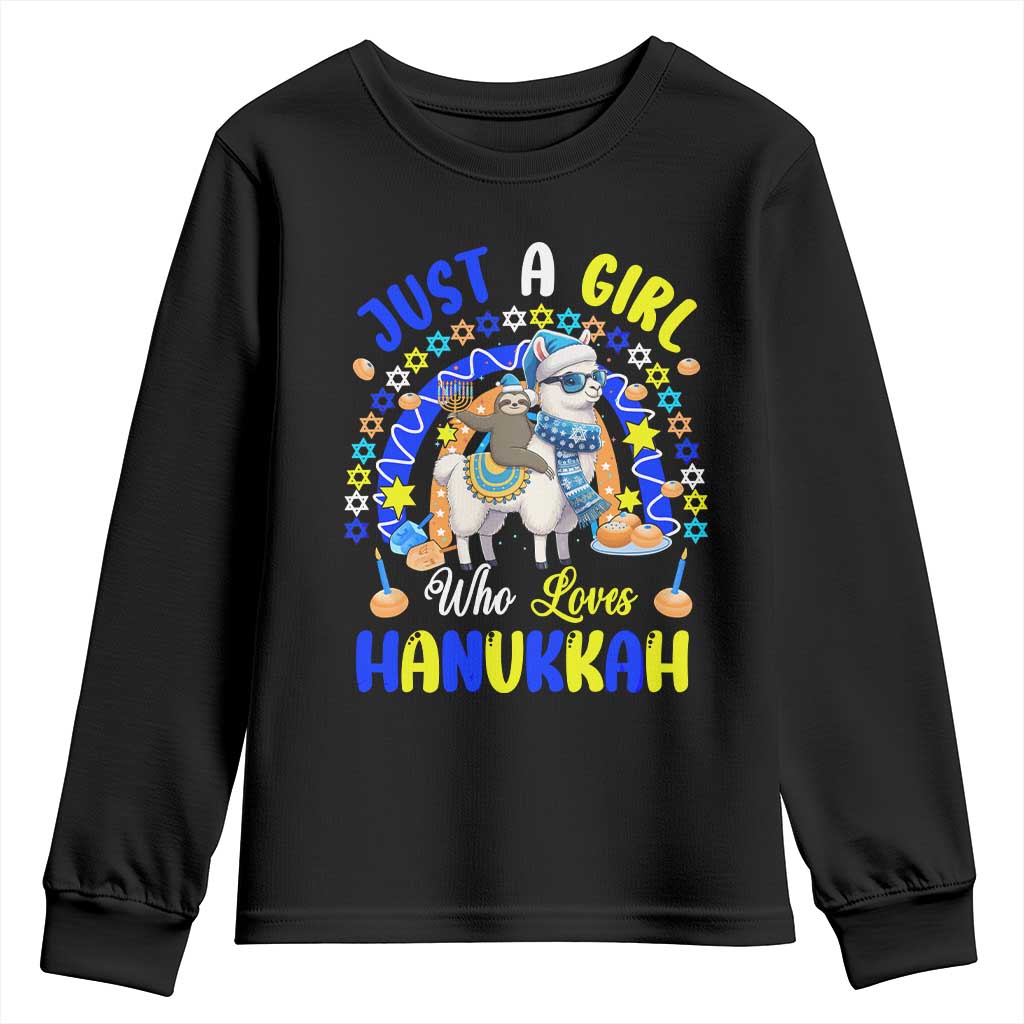 A Girl Loves Hanukkah Youth Sweatshirt Funny Sloth On Llama Jewish Holiday Gift TS12 Black Print Your Wear