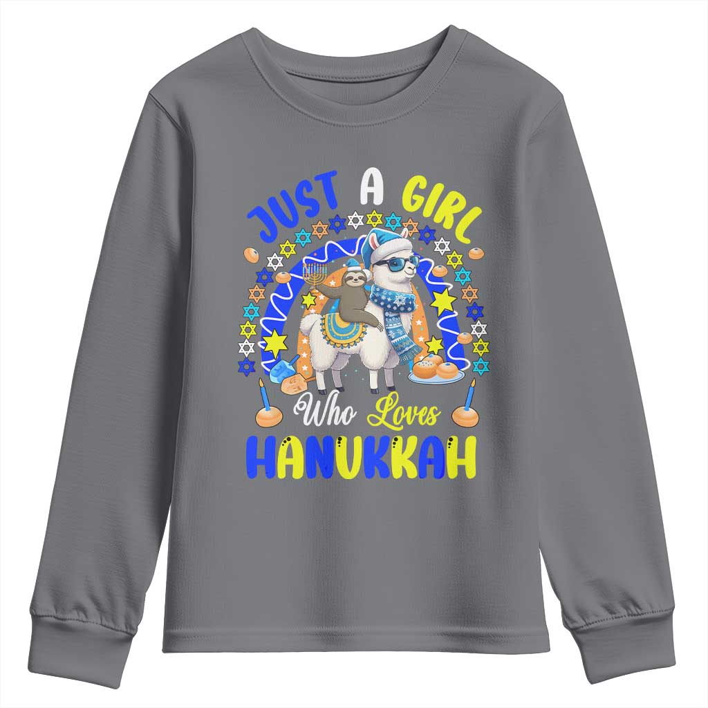 A Girl Loves Hanukkah Youth Sweatshirt Funny Sloth On Llama Jewish Holiday Gift TS12 Charcoal Print Your Wear