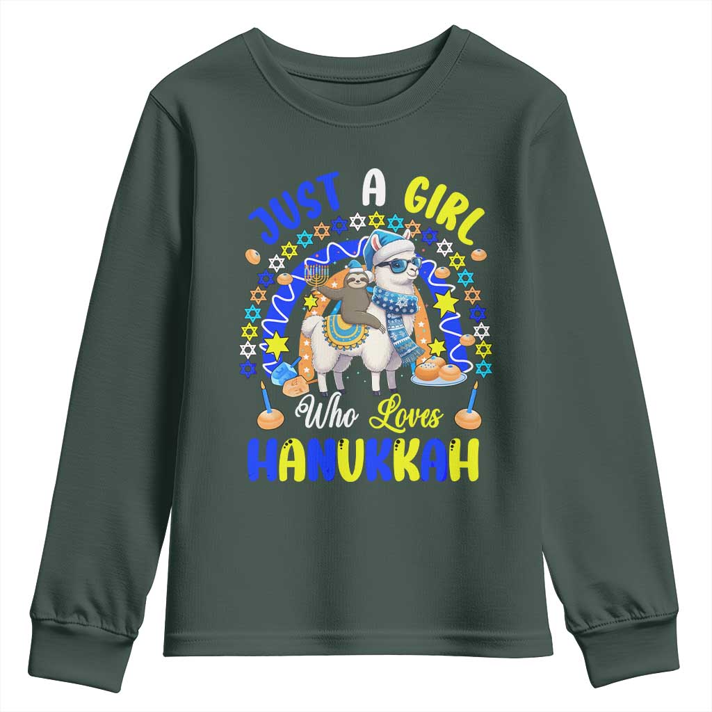 A Girl Loves Hanukkah Youth Sweatshirt Funny Sloth On Llama Jewish Holiday Gift TS12 Dark Forest Green Print Your Wear