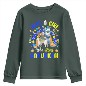 A Girl Loves Hanukkah Youth Sweatshirt Funny Sloth On Llama Jewish Holiday Gift TS12 Dark Forest Green Print Your Wear