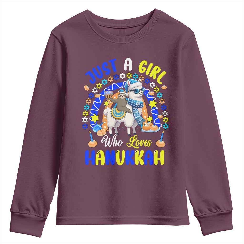 A Girl Loves Hanukkah Youth Sweatshirt Funny Sloth On Llama Jewish Holiday Gift TS12 Maroon Print Your Wear