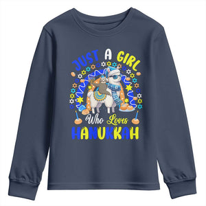 A Girl Loves Hanukkah Youth Sweatshirt Funny Sloth On Llama Jewish Holiday Gift TS12 Navy Print Your Wear