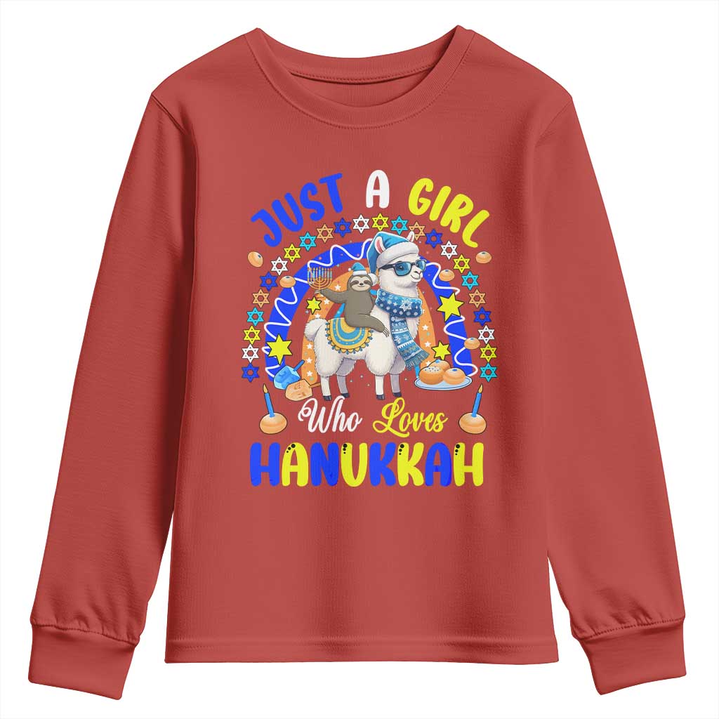 A Girl Loves Hanukkah Youth Sweatshirt Funny Sloth On Llama Jewish Holiday Gift TS12 Red Print Your Wear
