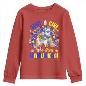 A Girl Loves Hanukkah Youth Sweatshirt Funny Sloth On Llama Jewish Holiday Gift TS12 Red Print Your Wear