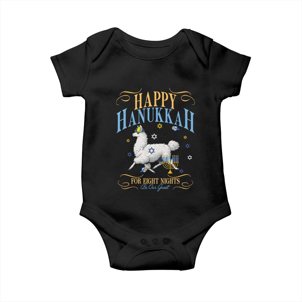 Funny Happy Hanukkah Llama Be Our Guest For Eight Nights Gift Baby Onesie Funny Hanukkah Gift TS12 Black Print Your Wear