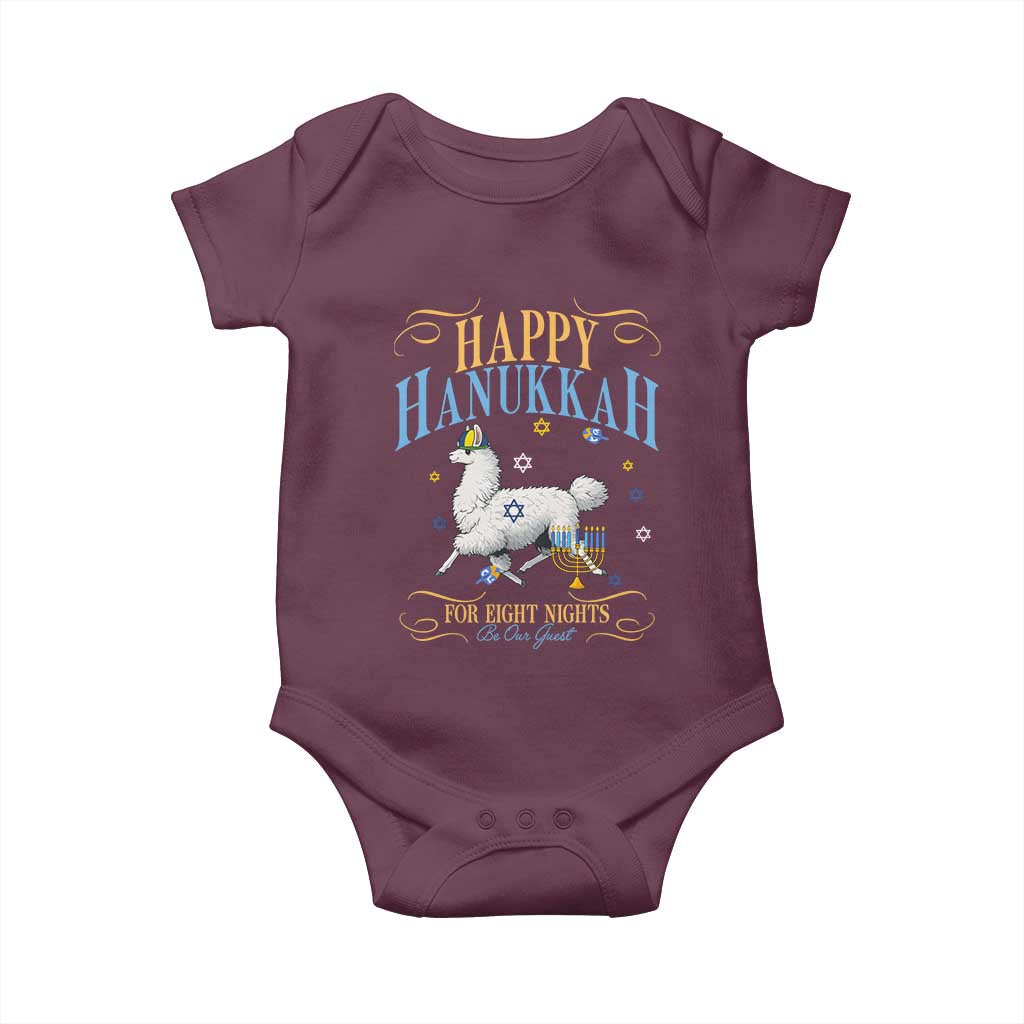 Funny Happy Hanukkah Llama Be Our Guest For Eight Nights Gift Baby Onesie Funny Hanukkah Gift TS12 Maroon Print Your Wear
