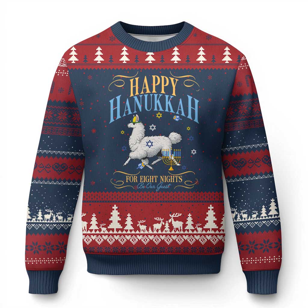 Funny Happy Hanukkah Llama Be Our Guest For Eight Nights Gift Ugly Christmas Sweater Funny Hanukkah Gift TS12 Navy Red Print Your Wear