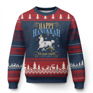 Funny Happy Hanukkah Llama Be Our Guest For Eight Nights Gift Ugly Christmas Sweater Funny Hanukkah Gift TS12 Navy Red Print Your Wear