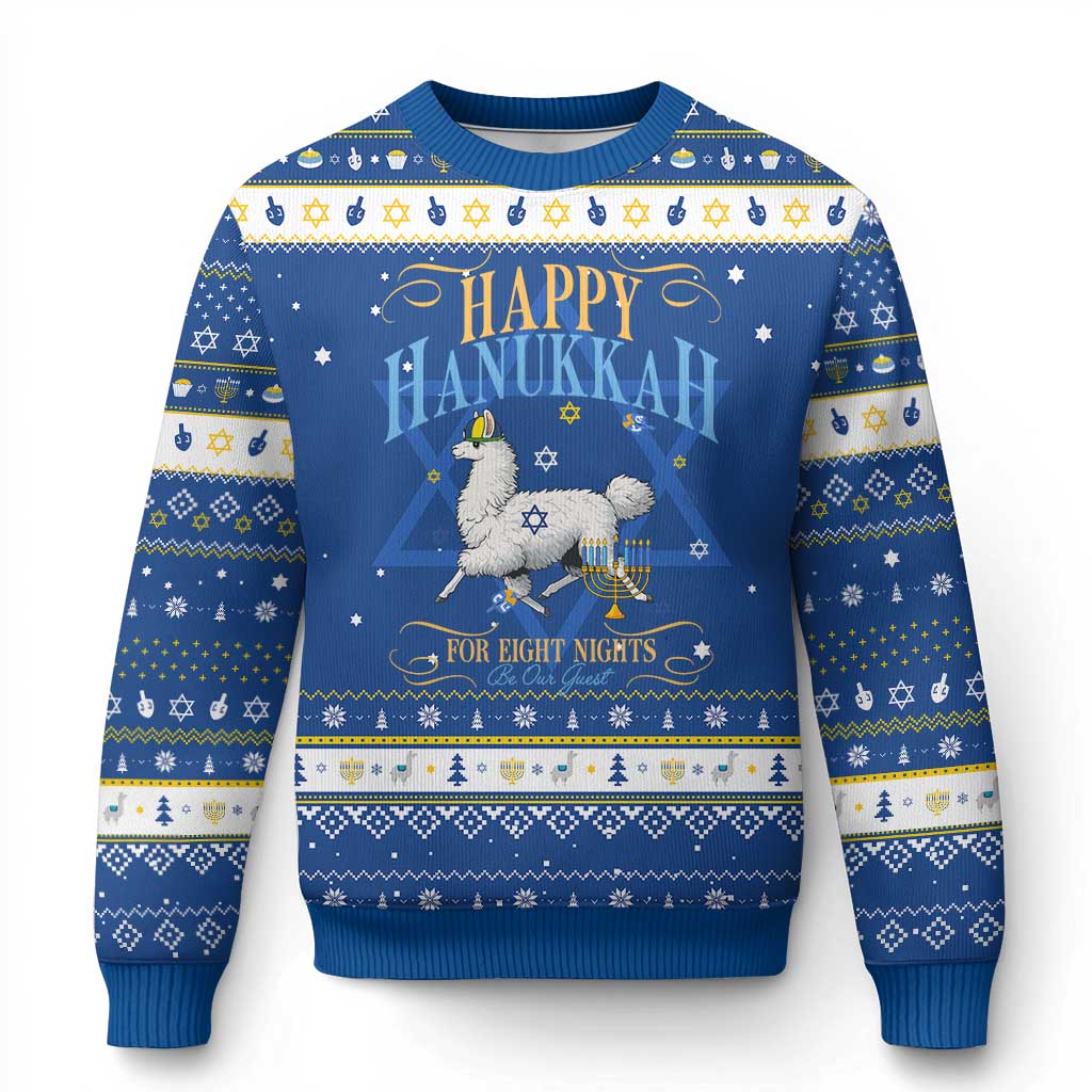 Funny Llama Be Our Guest For Eight Nights Gift Hanukkah Ugly Sweater Funny Chanukkah Gift TS12 Blue White Print Your Wear