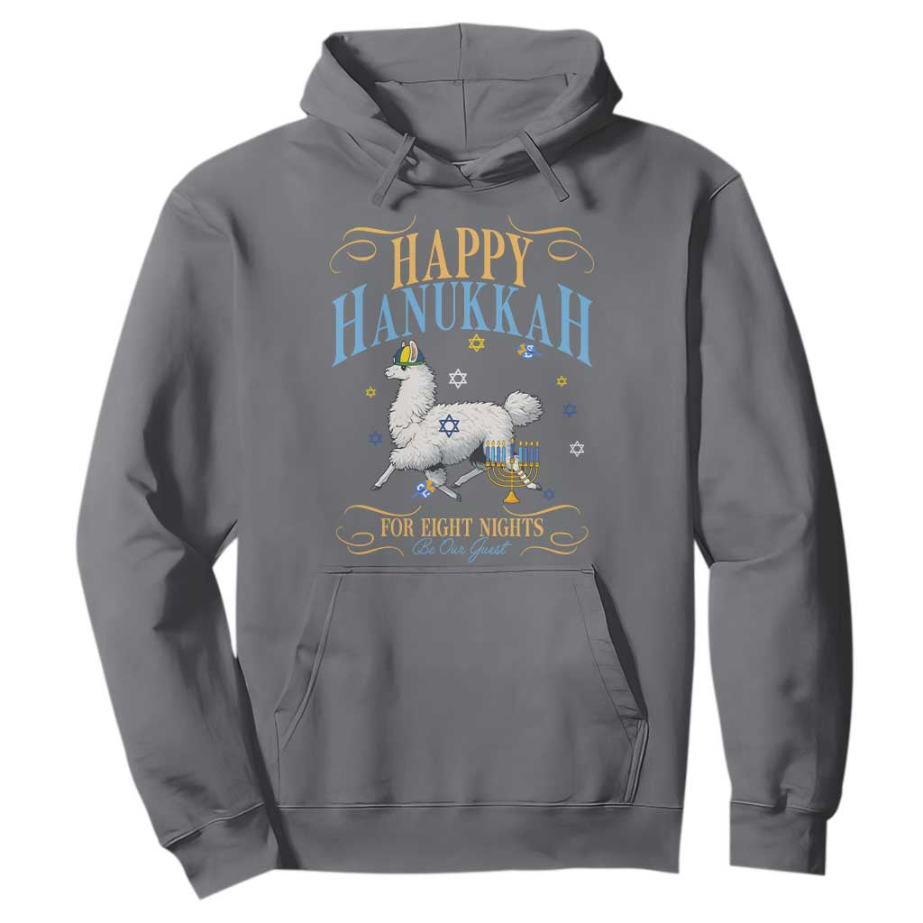 Funny Happy Hanukkah Llama Be Our Guest For Eight Nights Gift Hoodie Funny Hanukkah Gift TS12 Charcoal Print Your Wear