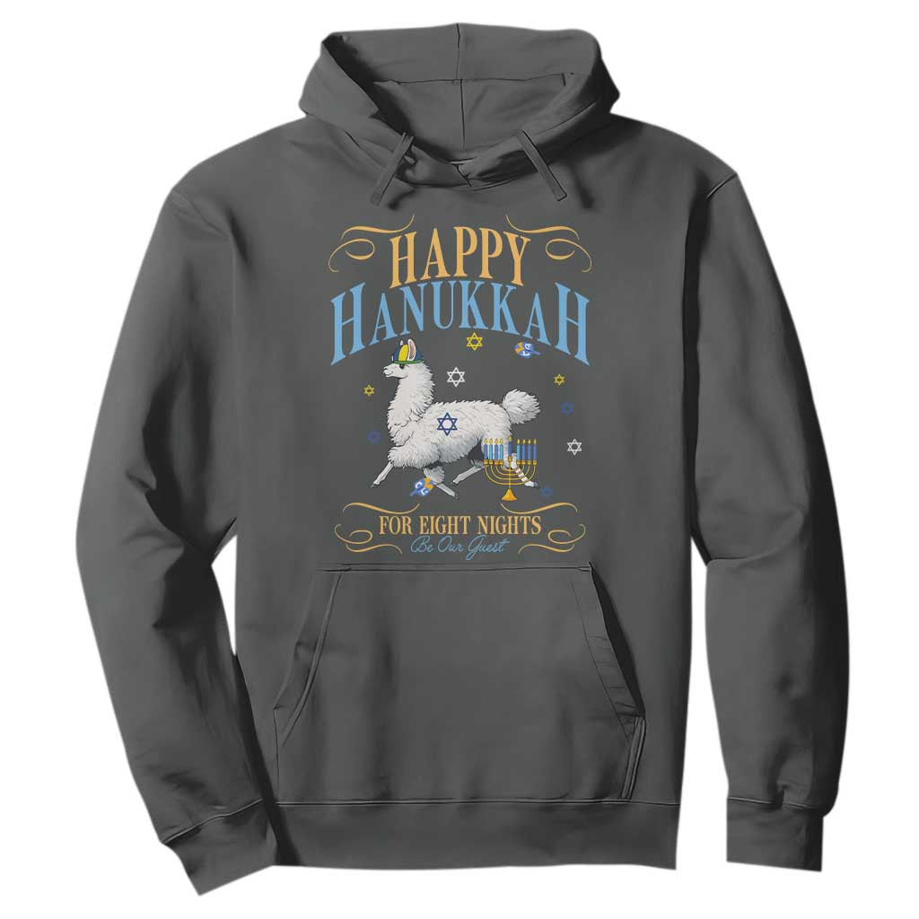 Funny Happy Hanukkah Llama Be Our Guest For Eight Nights Gift Hoodie Funny Hanukkah Gift TS12 Dark Heather Print Your Wear