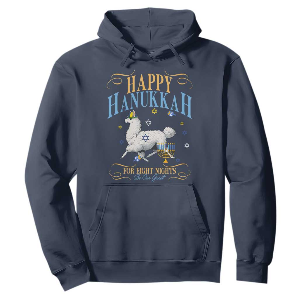 Funny Happy Hanukkah Llama Be Our Guest For Eight Nights Gift Hoodie Funny Hanukkah Gift TS12 Navy Print Your Wear