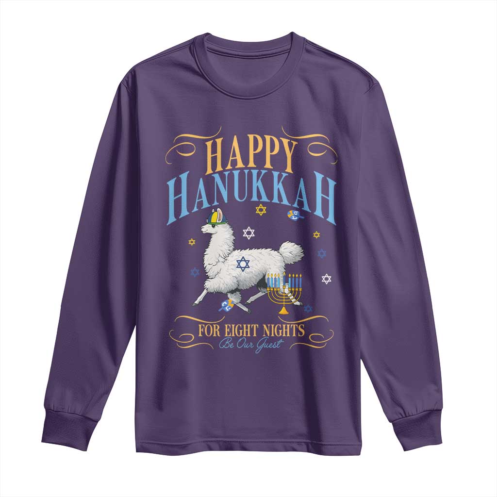 Funny Happy Hanukkah Llama Be Our Guest For Eight Nights Gift Long Sleeve Shirt Funny Hanukkah Gift TS12 Purple Print Your Wear
