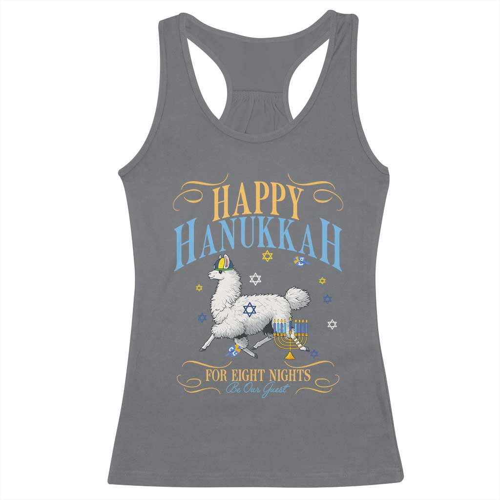 Funny Happy Hanukkah Llama Be Our Guest For Eight Nights Gift Racerback Tank Top Funny Hanukkah Gift TS12 Charcoal Print Your Wear
