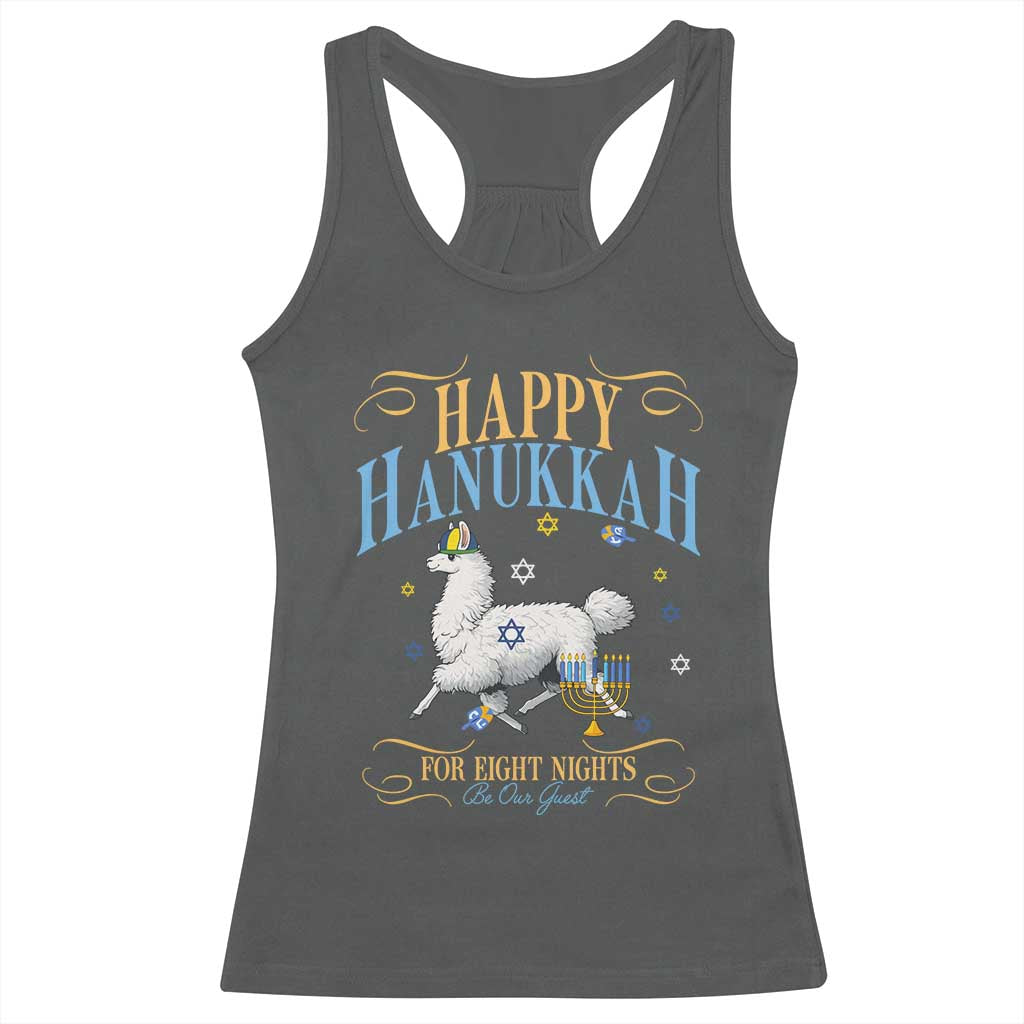 Funny Happy Hanukkah Llama Be Our Guest For Eight Nights Gift Racerback Tank Top Funny Hanukkah Gift TS12 Dark Heather Print Your Wear