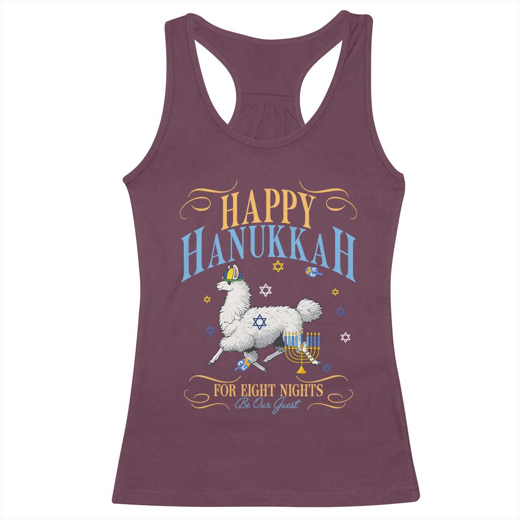 Funny Happy Hanukkah Llama Be Our Guest For Eight Nights Gift Racerback Tank Top Funny Hanukkah Gift TS12 Maroon Print Your Wear