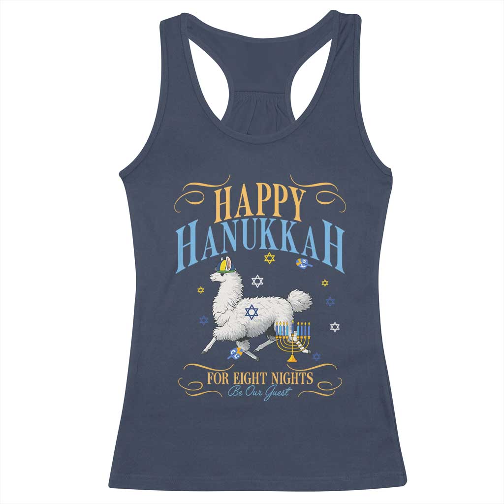 Funny Happy Hanukkah Llama Be Our Guest For Eight Nights Gift Racerback Tank Top Funny Hanukkah Gift TS12 Navy Print Your Wear