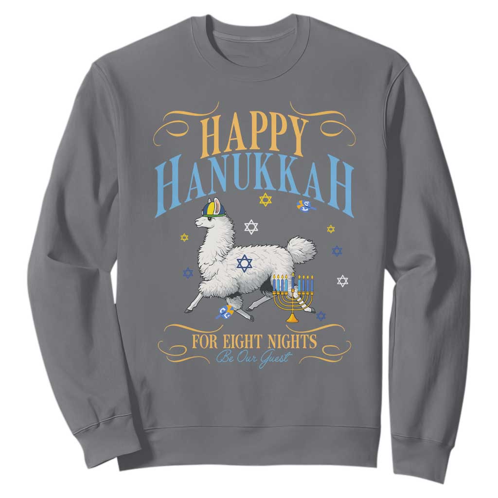 Funny Happy Hanukkah Llama Be Our Guest For Eight Nights Gift Sweatshirt Funny Hanukkah Gift TS12 Charcoal Print Your Wear