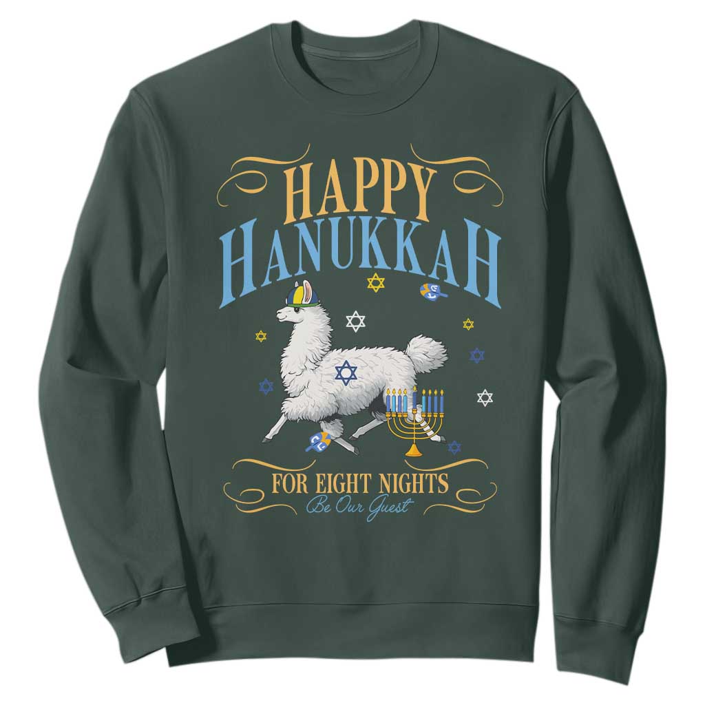 Funny Happy Hanukkah Llama Be Our Guest For Eight Nights Gift Sweatshirt Funny Hanukkah Gift TS12 Dark Forest Green Print Your Wear