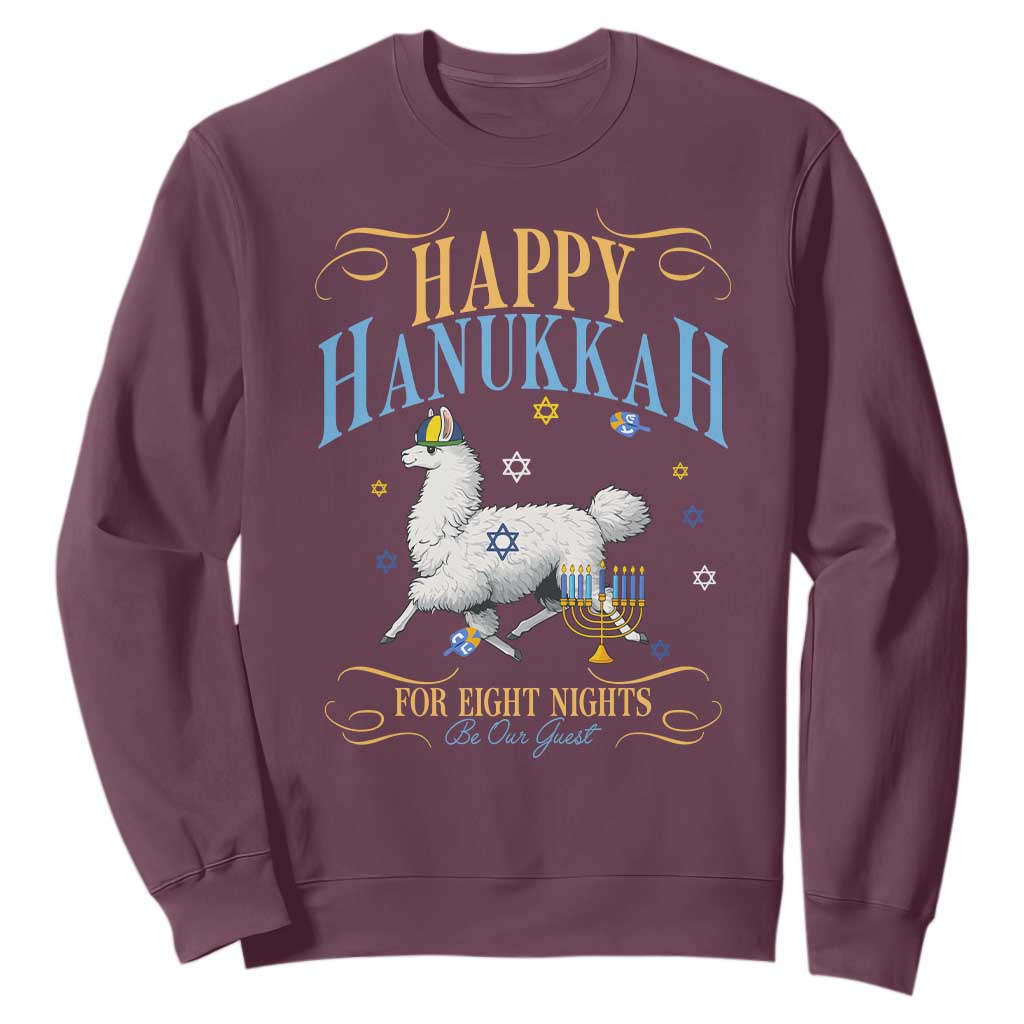 Funny Happy Hanukkah Llama Be Our Guest For Eight Nights Gift Sweatshirt Funny Hanukkah Gift TS12 Maroon Print Your Wear