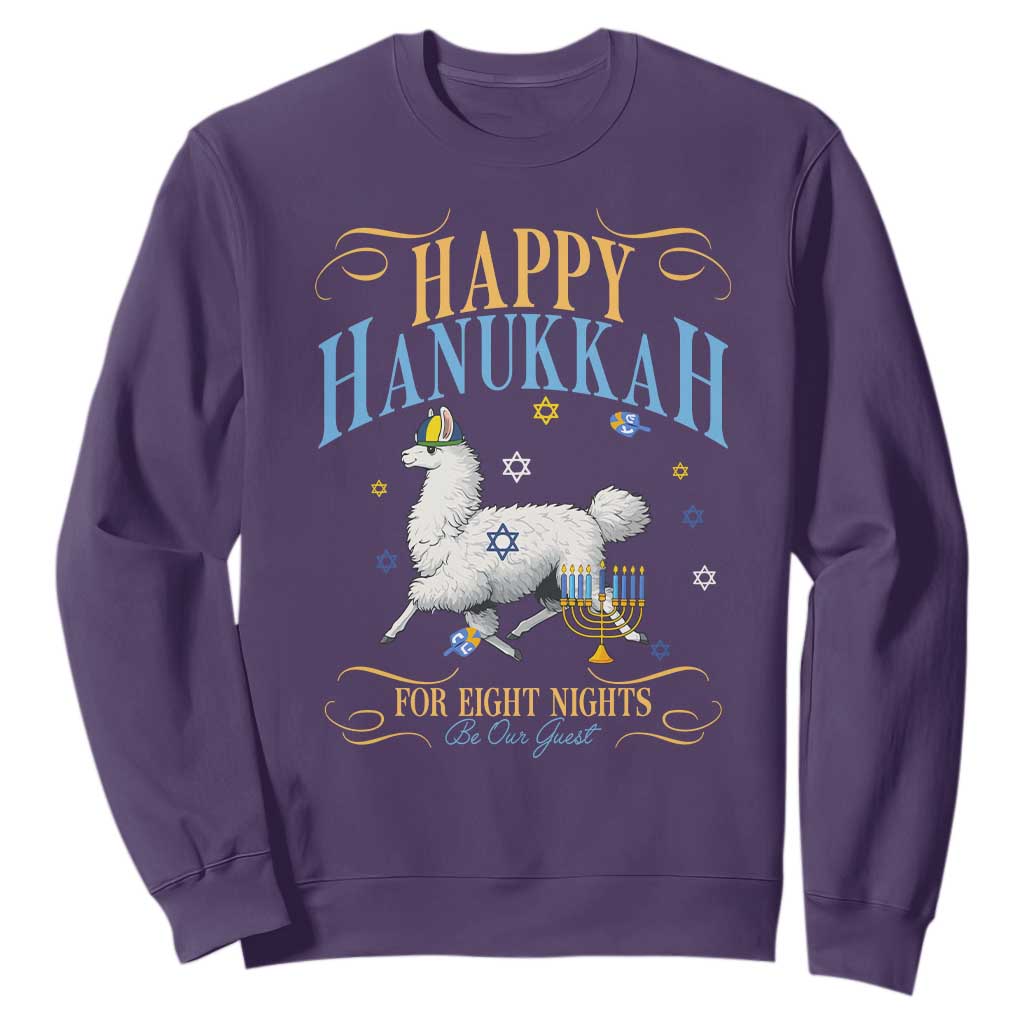 Funny Happy Hanukkah Llama Be Our Guest For Eight Nights Gift Sweatshirt Funny Hanukkah Gift TS12 Purple Print Your Wear