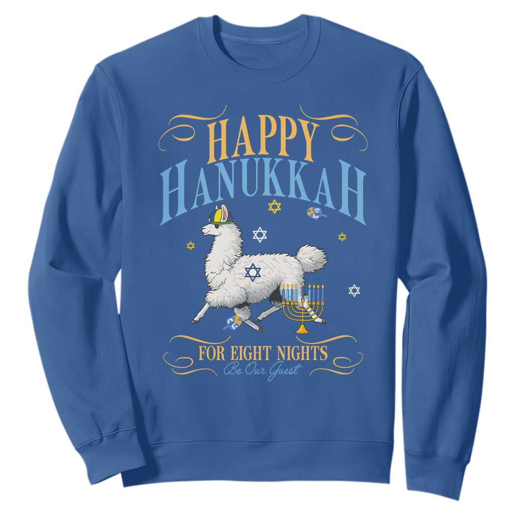Funny Happy Hanukkah Llama Be Our Guest For Eight Nights Gift Sweatshirt Funny Hanukkah Gift TS12 Royal Blue Print Your Wear
