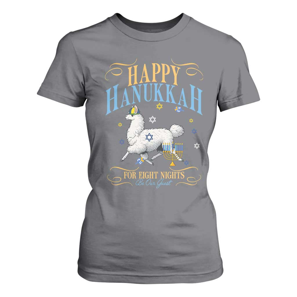 Funny Happy Hanukkah Llama Be Our Guest For Eight Nights Gift T Shirt For Women Funny Hanukkah Gift TS12 Charcoal Print Your Wear
