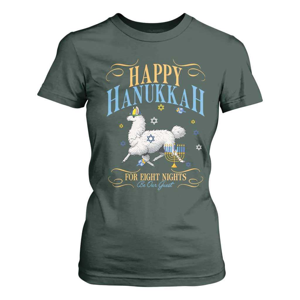 Funny Happy Hanukkah Llama Be Our Guest For Eight Nights Gift T Shirt For Women Funny Hanukkah Gift TS12 Dark Forest Green Print Your Wear