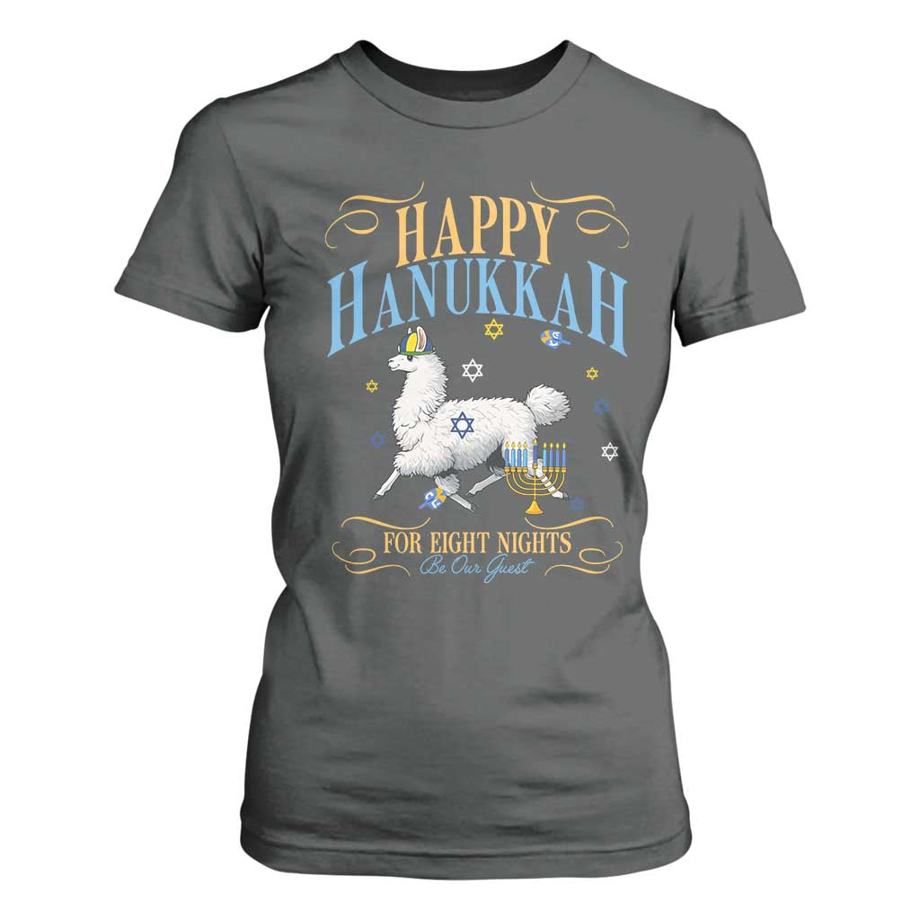 Funny Happy Hanukkah Llama Be Our Guest For Eight Nights Gift T Shirt For Women Funny Hanukkah Gift TS12 Dark Heather Print Your Wear