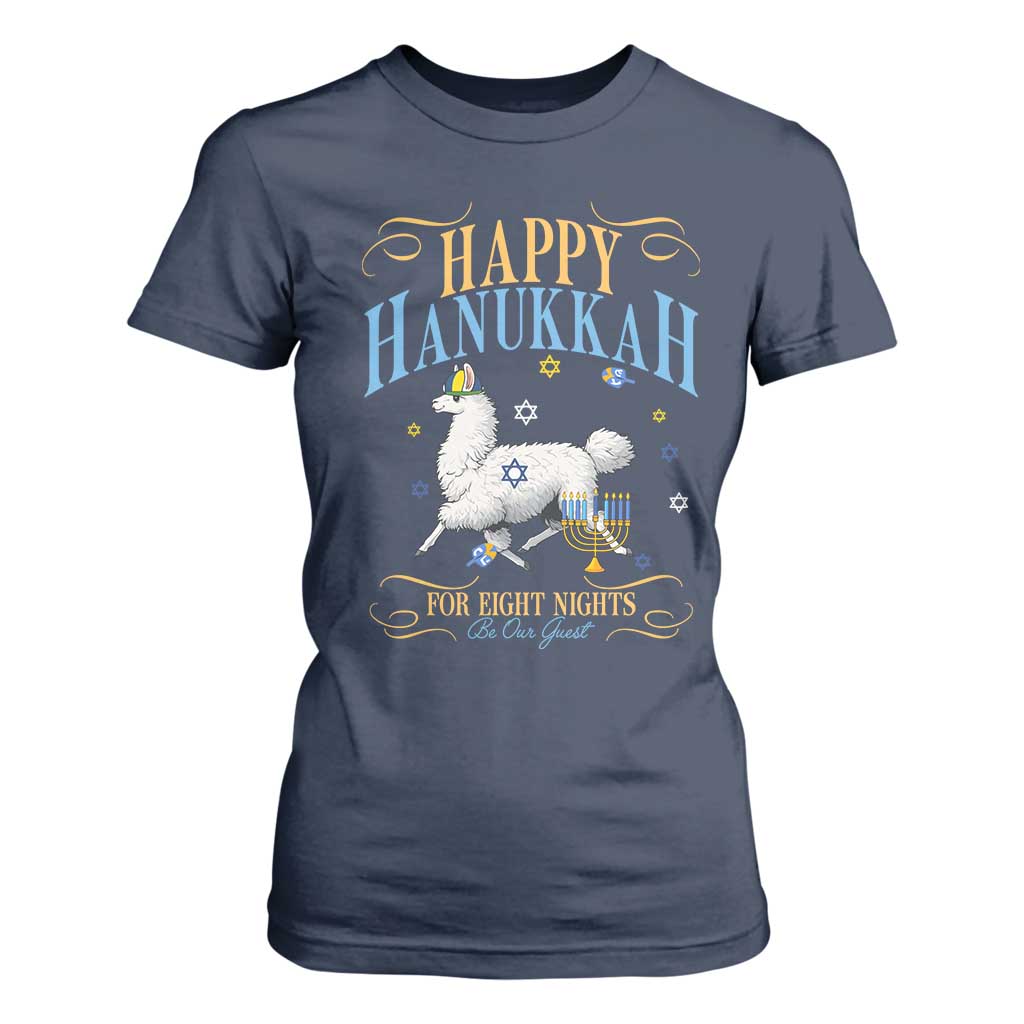 Funny Happy Hanukkah Llama Be Our Guest For Eight Nights Gift T Shirt For Women Funny Hanukkah Gift TS12 Navy Print Your Wear