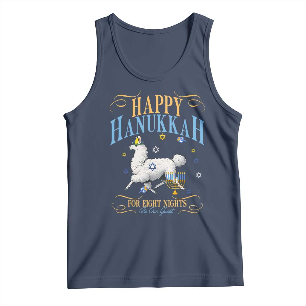 Funny Happy Hanukkah Llama Be Our Guest For Eight Nights Gift Tank Top Funny Hanukkah Gift TS12 Navy Print Your Wear