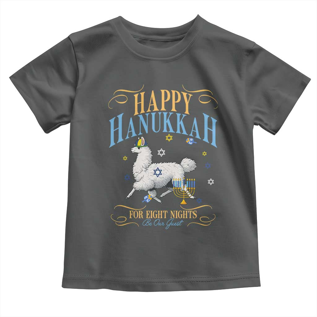 Funny Happy Hanukkah Llama Be Our Guest For Eight Nights Gift Toddler T Shirt Funny Hanukkah Gift TS12 Dark Heather Print Your Wear