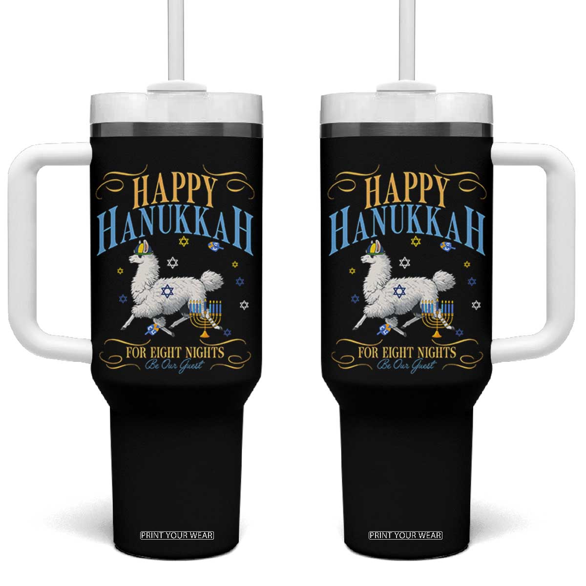 Funny Happy Hanukkah Llama Be Our Guest For Eight Nights Gift Tumbler With Handle Funny Hanukkah Gift TS12 One Size: 40 oz Black Print Your Wear