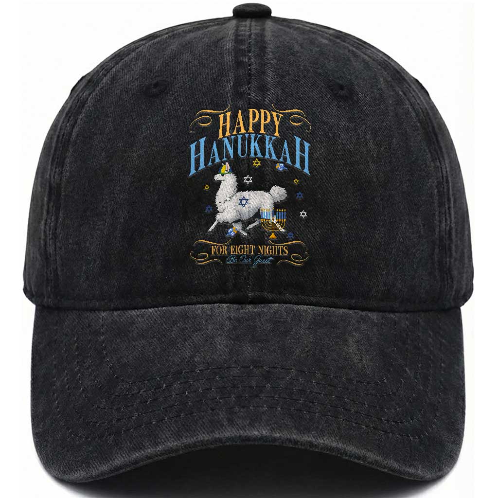 Funny Happy Hanukkah Llama Be Our Guest For Eight Nights Gift Washed Cotton Baseball Cap Funny Hanukkah Gift TS12 Print Your Wear