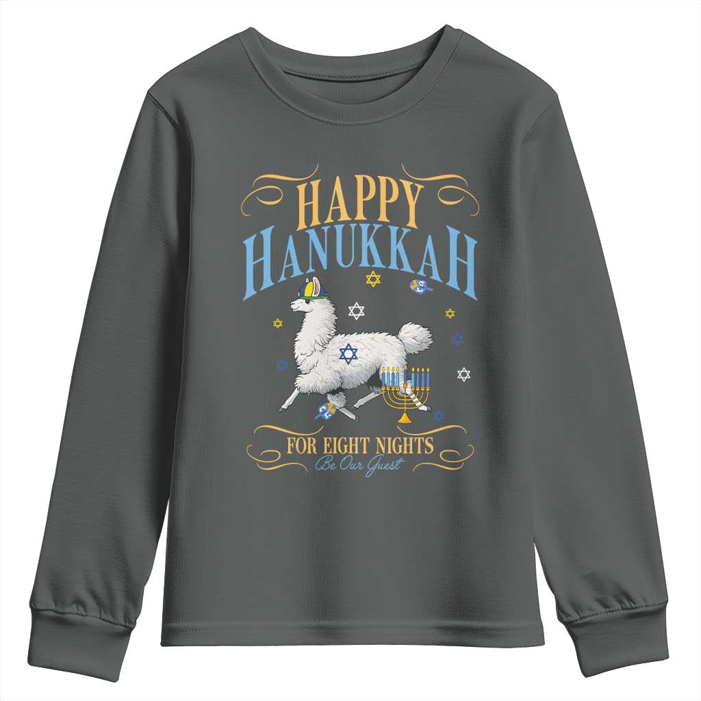 Funny Happy Hanukkah Llama Be Our Guest For Eight Nights Gift Youth Sweatshirt Funny Hanukkah Gift TS12 Dark Heather Print Your Wear