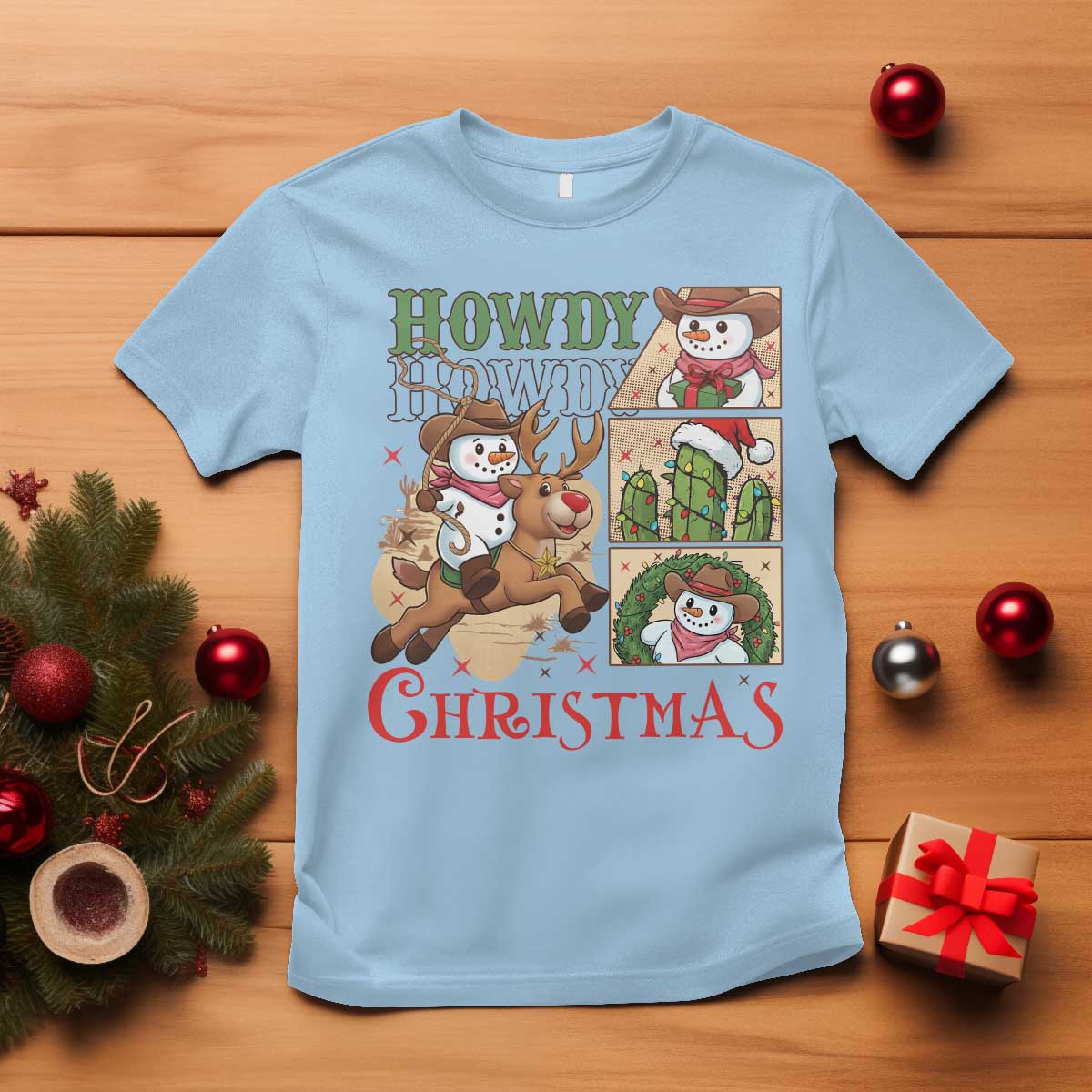 Funny Snowman Cowboy Howdy Christmas T Shirt Western Holiday Gift TS12 Light Blue Print Your Wear