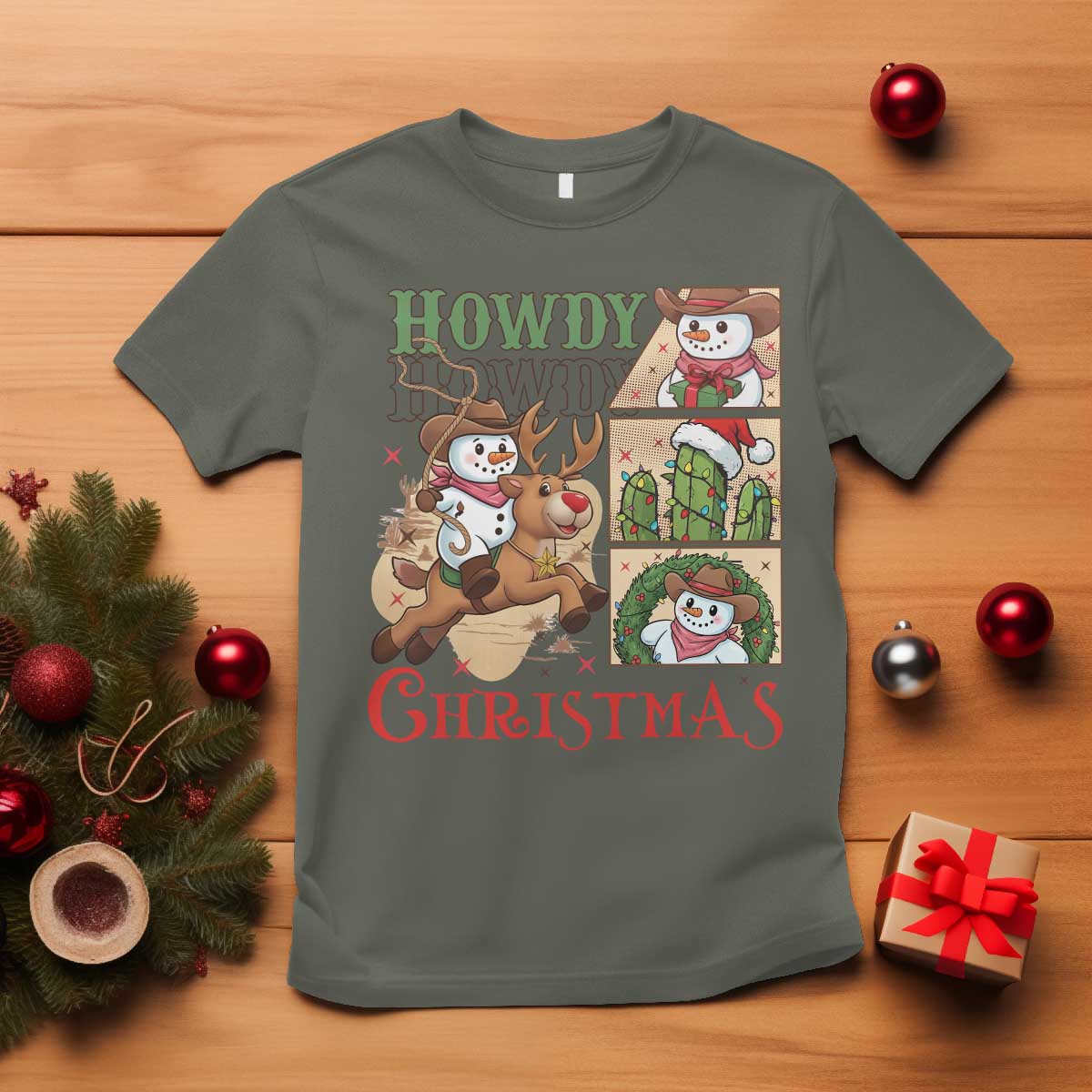 Funny Snowman Cowboy Howdy Christmas T Shirt Western Holiday Gift TS12 Military Green Print Your Wear
