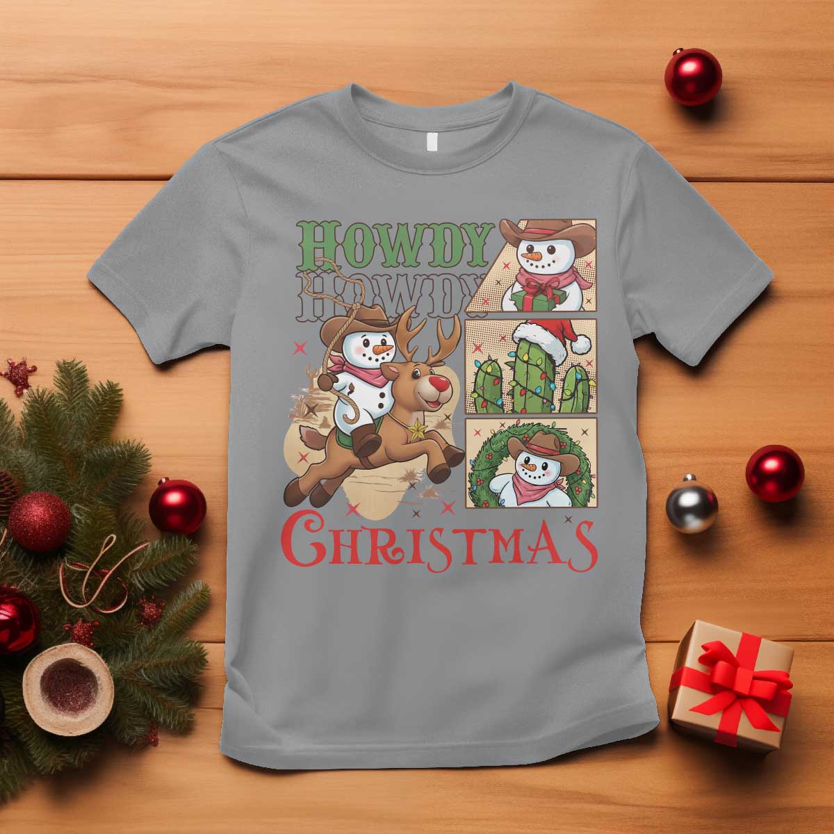 Funny Snowman Cowboy Howdy Christmas T Shirt Western Holiday Gift TS12 Sport Gray Print Your Wear