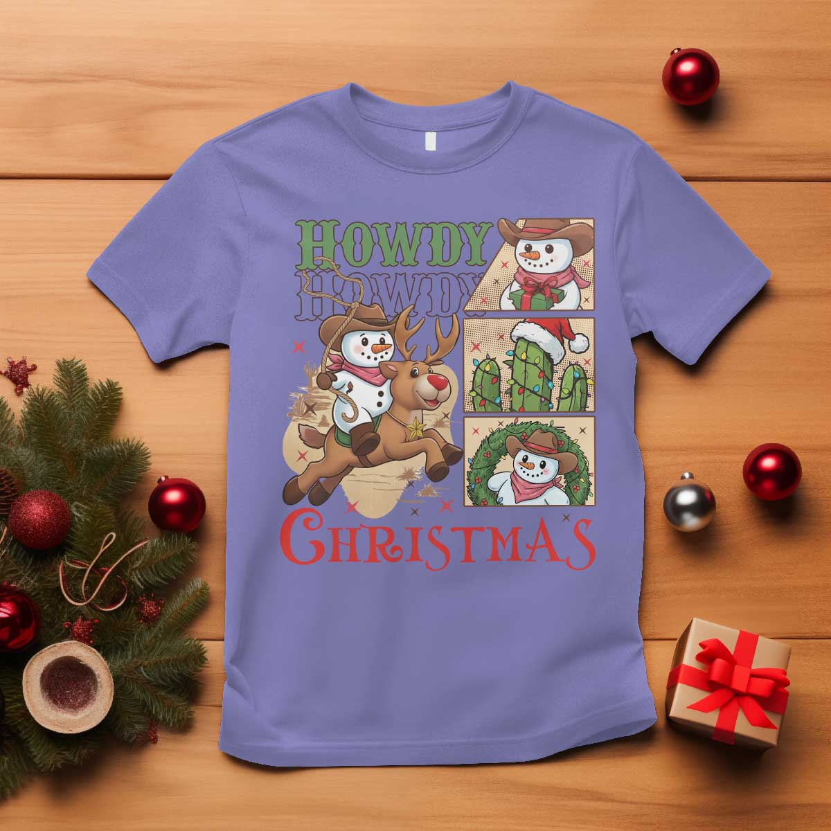 Funny Snowman Cowboy Howdy Christmas T Shirt Western Holiday Gift TS12 Violet Print Your Wear