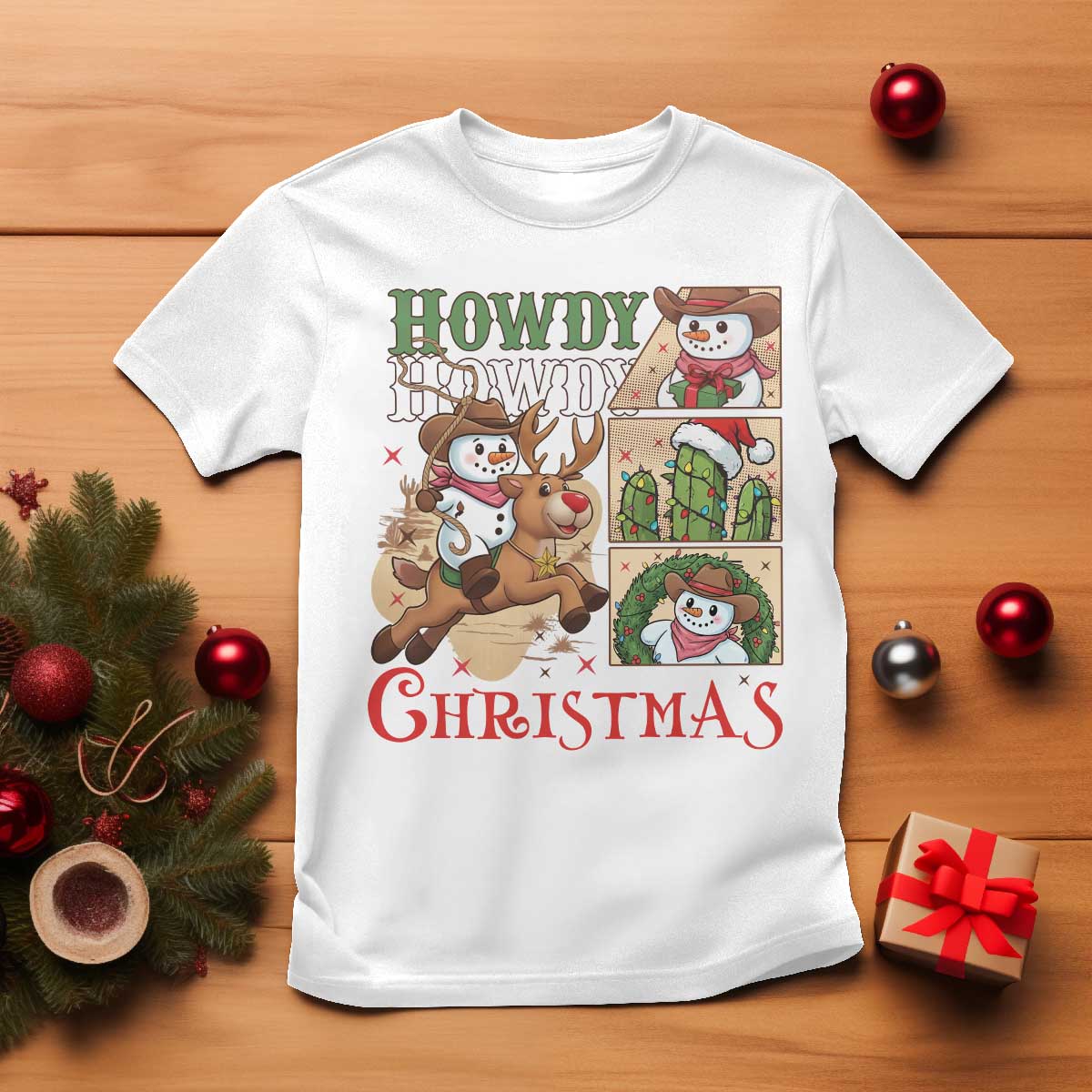 Funny Snowman Cowboy Howdy Christmas T Shirt Western Holiday Gift TS12 White Print Your Wear
