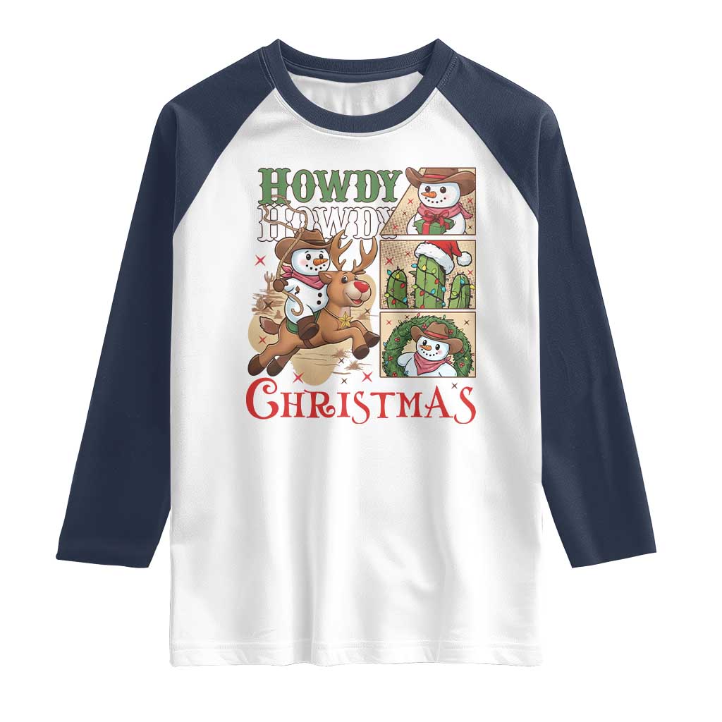 Funny Snowman Cowboy Howdy Christmas Raglan Shirt Western Holiday Gift TS12 White Navy Print Your Wear