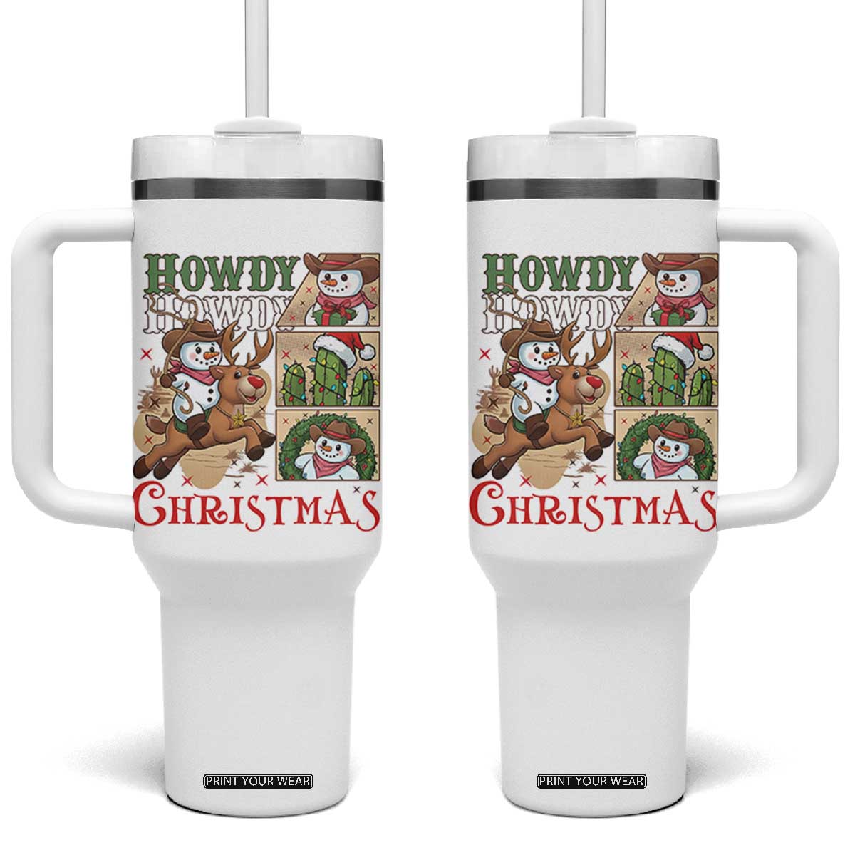 Funny Snowman Cowboy Howdy Christmas Tumbler With Handle Western Holiday Gift TS12 One Size: 40 oz White Print Your Wear