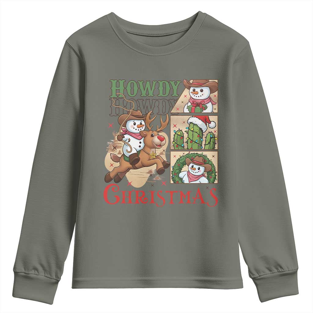 Funny Snowman Cowboy Howdy Christmas Youth Sweatshirt Western Holiday Gift TS12 Military Green Print Your Wear