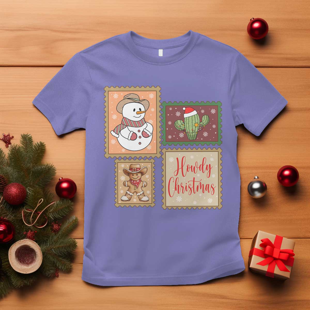 Howdy Christmas Postage Stamp T Shirt Western Life Holiday Gift TS12 Violet Print Your Wear