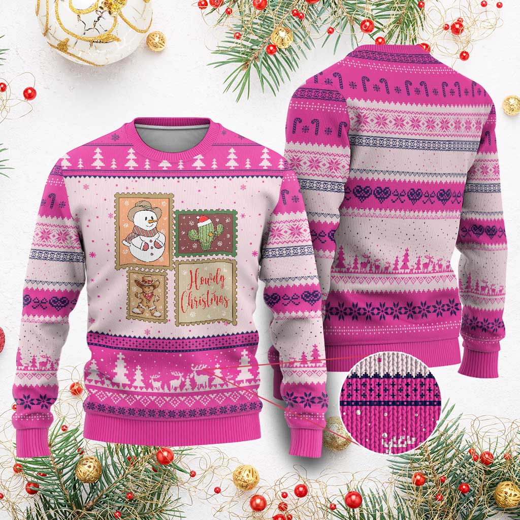Howdy Xmas Postage Stamp Ugly Christmas Sweater Western Life Holiday Gift TS12 Hot Pink Print Your Wear
