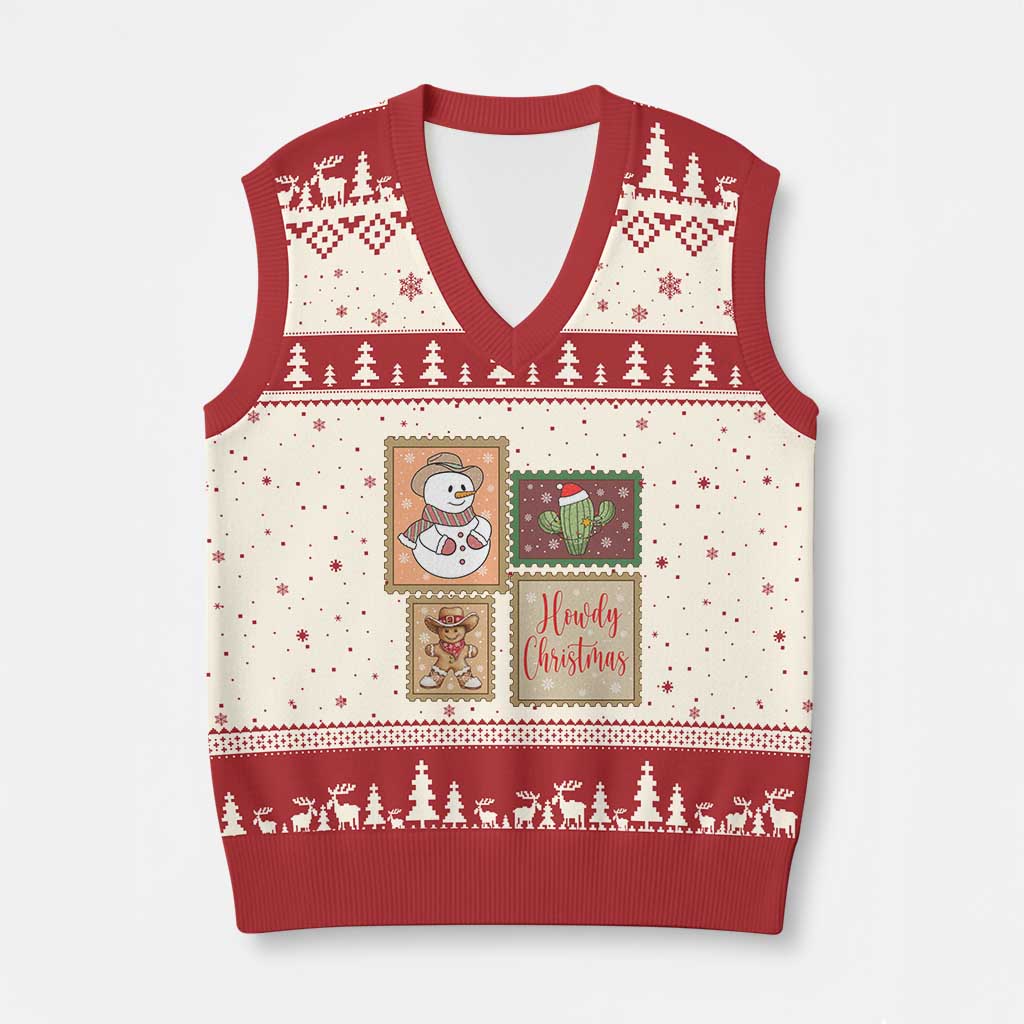 Howdy Xmas Postage Stamp V-Neck Knit Sweater Vest Western Life Holiday Gift TS12 Beige Red Print Your Wear