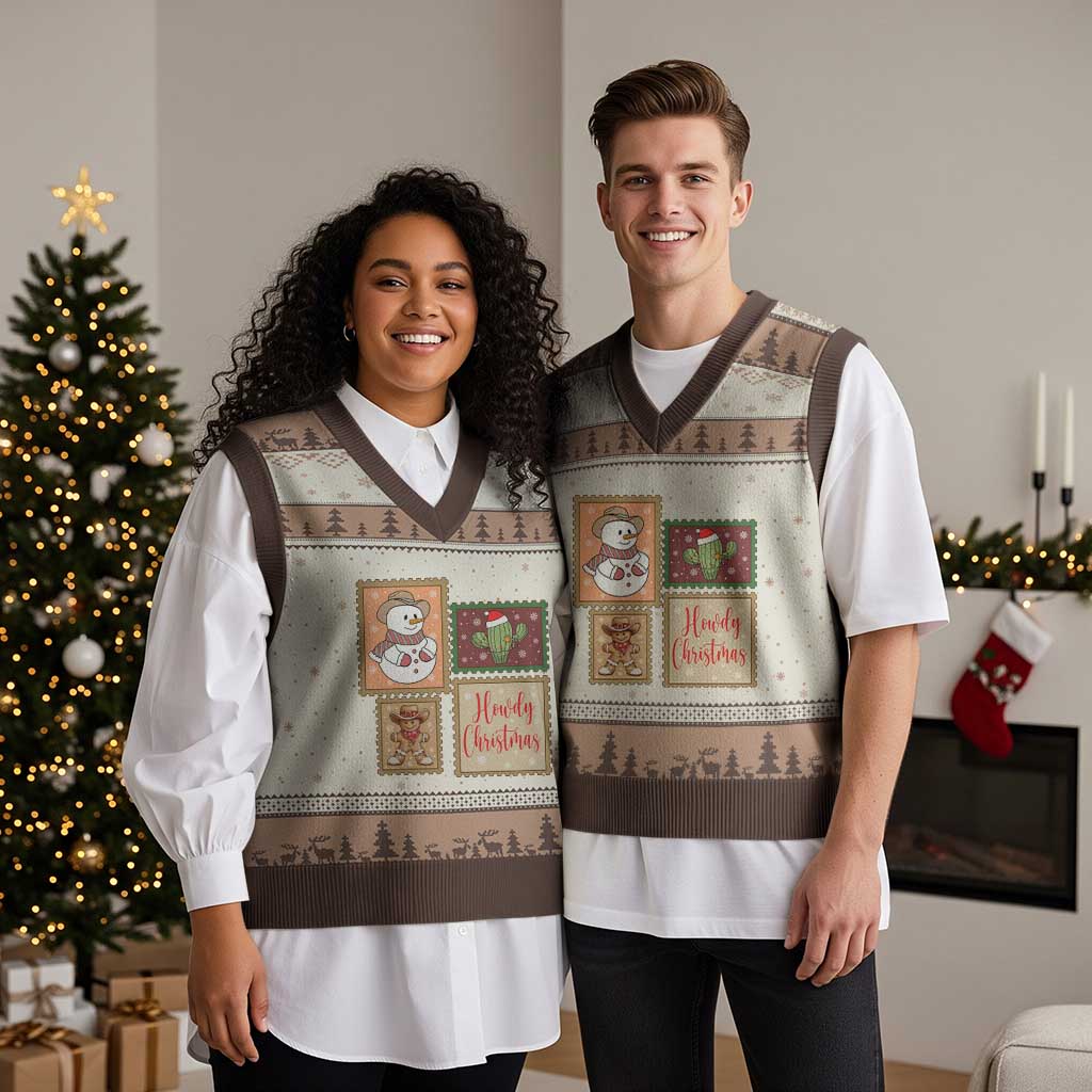 Howdy Xmas Postage Stamp V-Neck Knit Sweater Vest Western Life Holiday Gift TS12 Mocha Mousse Print Your Wear