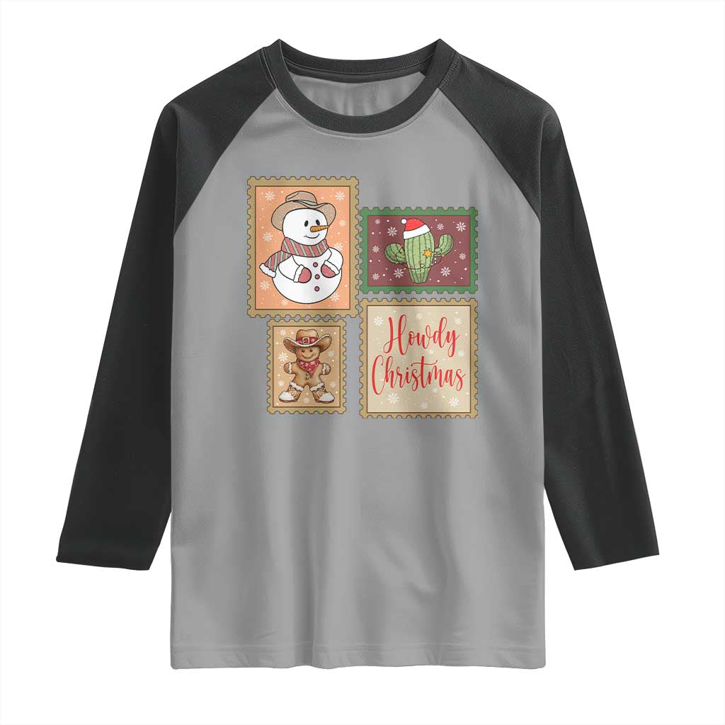 Howdy Christmas Postage Stamp Raglan Shirt Western Life Holiday Gift TS12 Sport Gray Black Print Your Wear