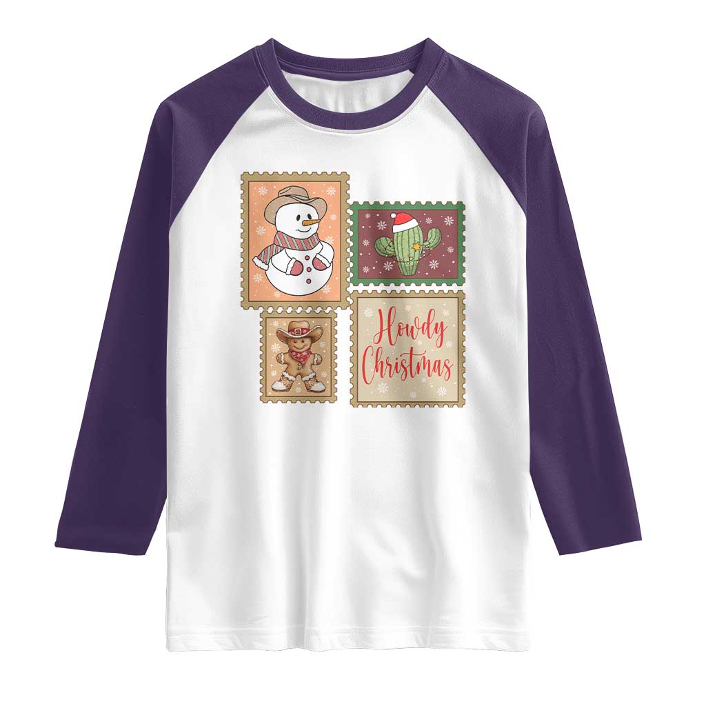 Howdy Christmas Postage Stamp Raglan Shirt Western Life Holiday Gift TS12 White Purple Print Your Wear