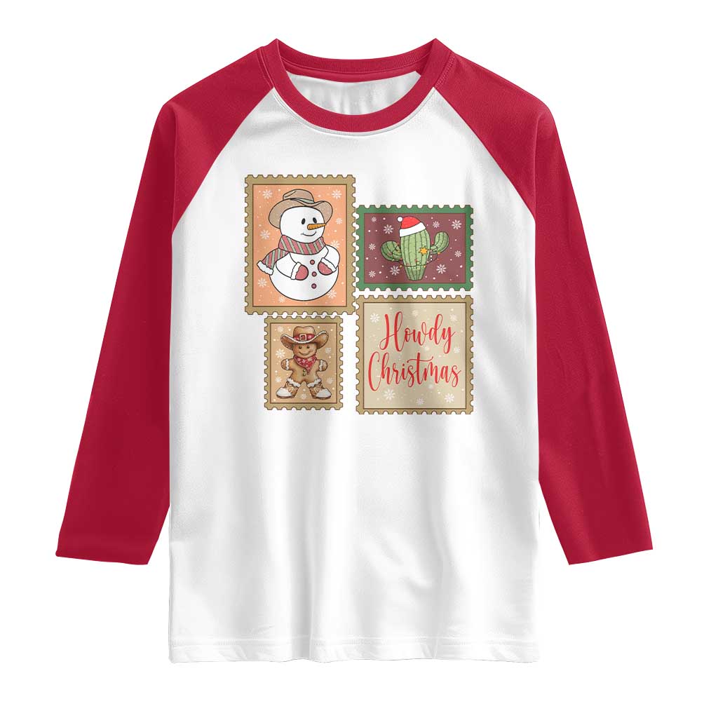 Howdy Christmas Postage Stamp Raglan Shirt Western Life Holiday Gift TS12 White Red Print Your Wear